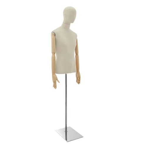 Busto uomo in lino con testa stilizzata, braccia legno e base cromata