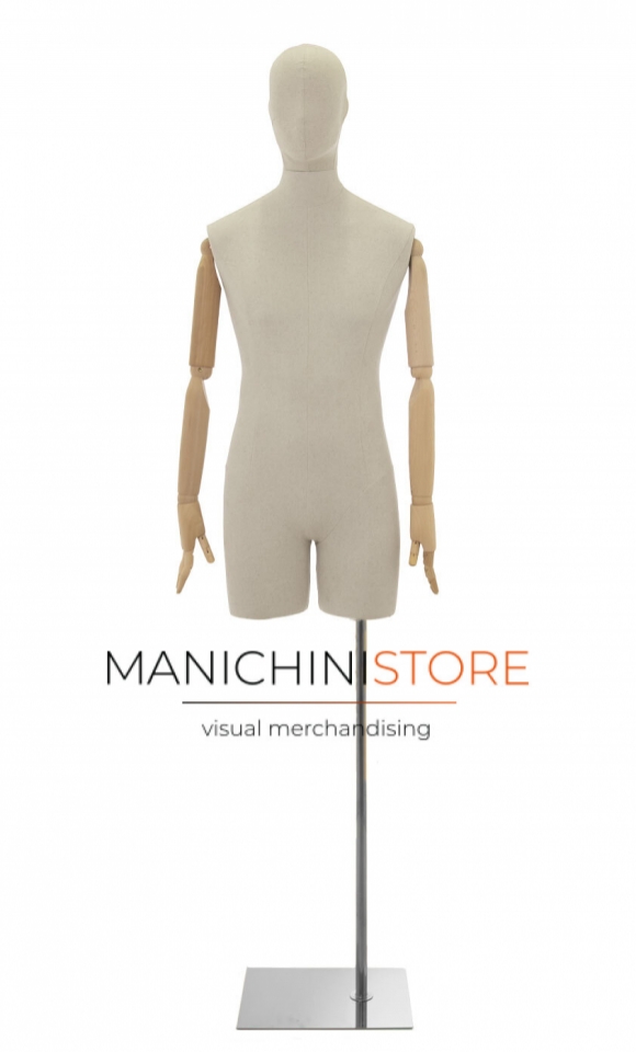 Linen male bust with stylized head, half leg, wooden arms and chrome base