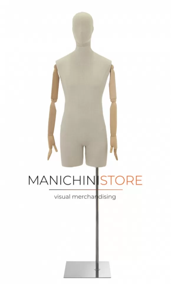 Busto uomo in lino con testa stilizzata, mezza gamba, braccia legno e base cromata