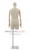 Busto uomo in lino con testa stilizzata, mezza gamba, braccia legno e base cromata