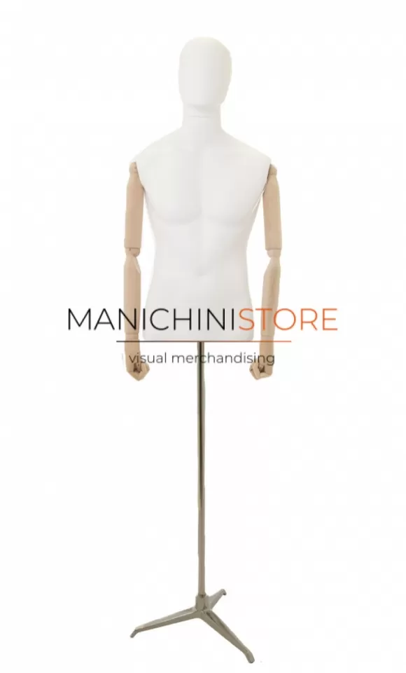 Busto uomo con braccia legno e base treppiede - acciaio satinato