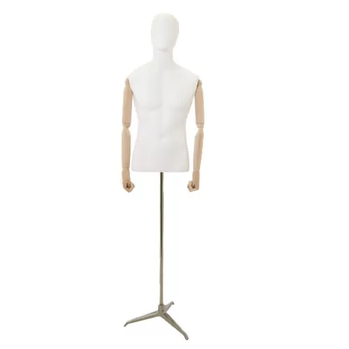 Busto uomo con braccia legno e base treppiede - acciaio satinato
