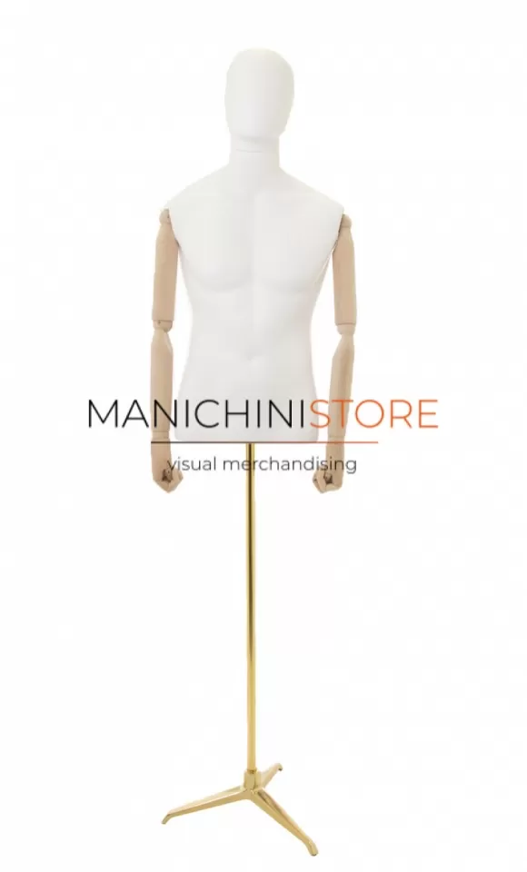 Busto uomo con braccia legno e base treppiede oro