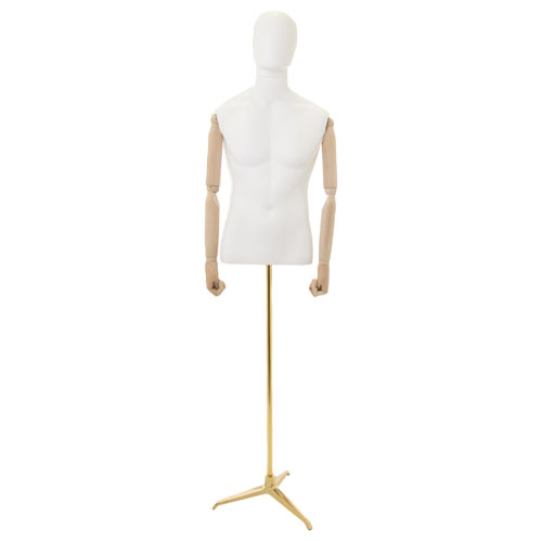 Busto uomo con braccia legno e base treppiede oro