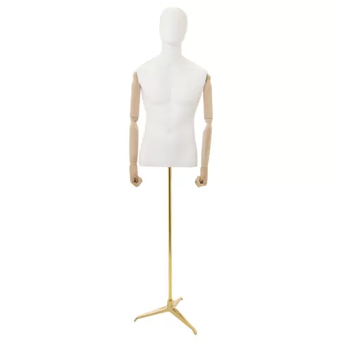 Busto uomo con braccia legno e base treppiede oro