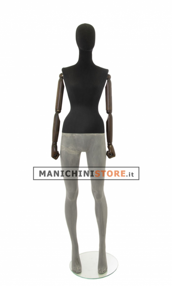 Black fabric female mannequin with wooden arms