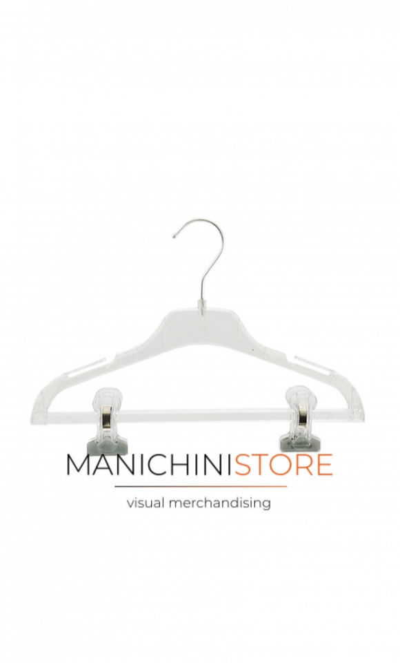 Plastic coat hanger with fins and trouser bar with clips 38 cm - transparent crystal