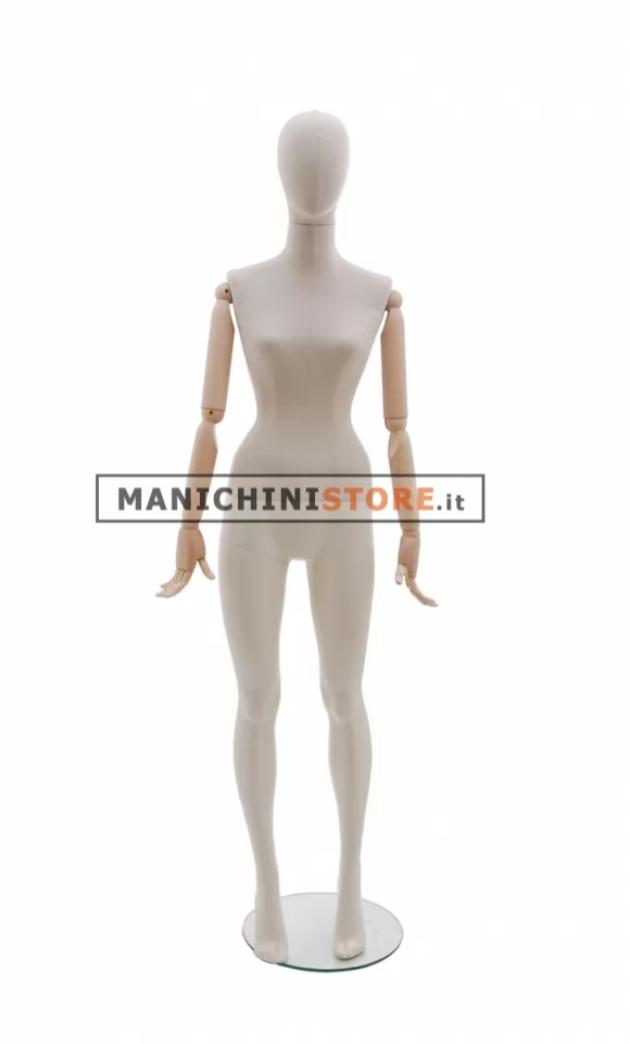 Manichino donna in tessuto Sabbia con braccia in legno