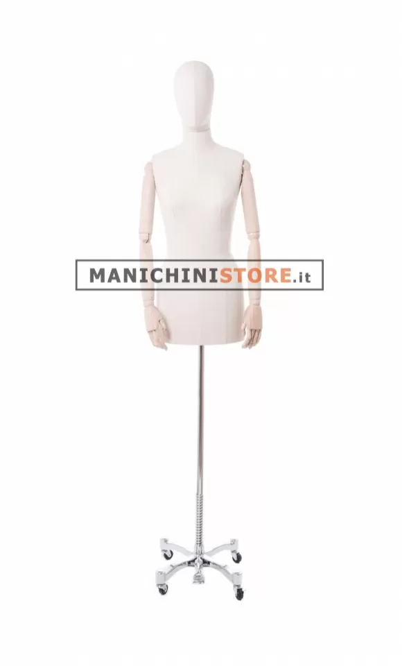 Busto donna in tessuto con braccia in legno e base cromata