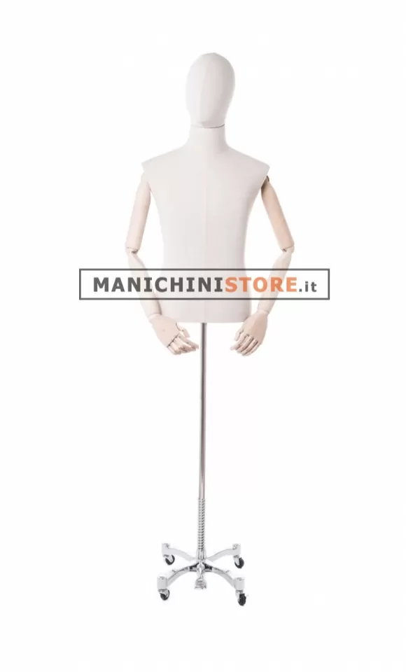 Busto uomo in tessuto con braccia in legno e base cromata