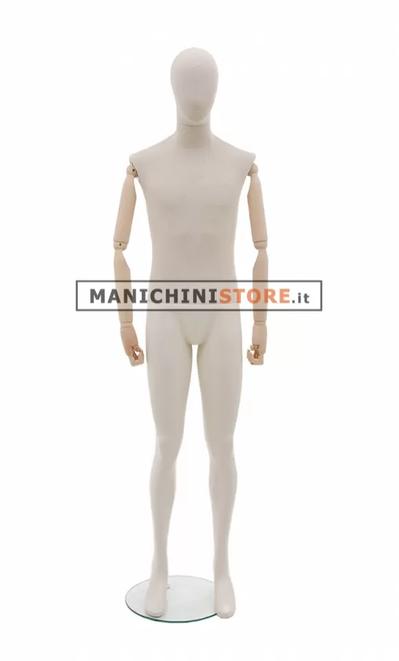Manichino uomo in tessuto con braccia in legno