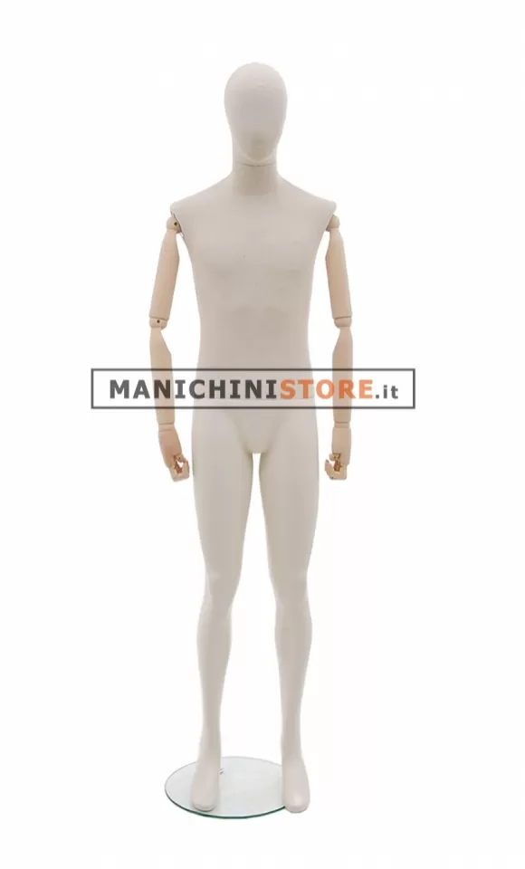 Manichino uomo in tessuto con braccia in legno snodabili