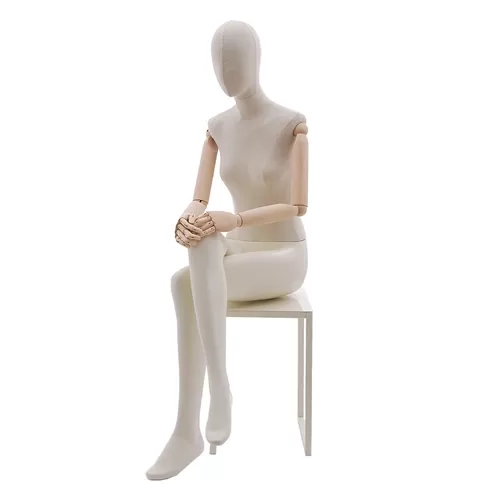 Manichino donna in tessuto con braccia in legno - seduto