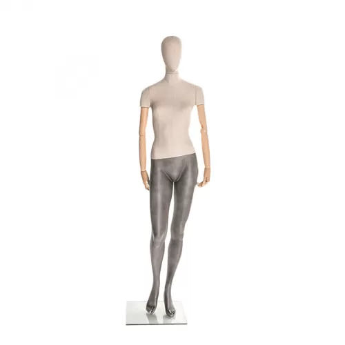 Manichino donna in tessuto sabbia con braccia in legno Z1
