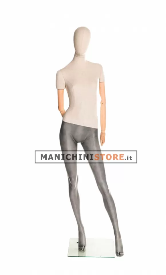 Manichino donna in tessuto sabbia con braccia in legno Z3