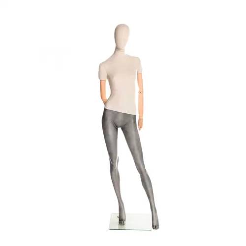 Manichino donna in tessuto sabbia con braccia in legno Z3