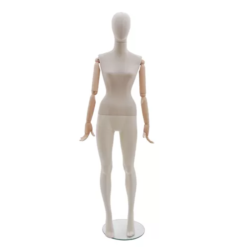 Manichino donna in tessuto Sabbia con braccia in legno ex noleggio