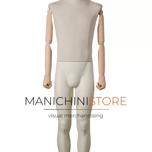 Manichino uomo Collezione ABSolute in ABS con busto e testa rivestiti e braccia legno