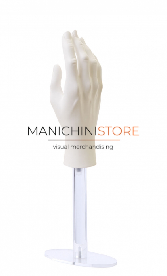 Mano uomo per guanti con base in plexiglass - bianca