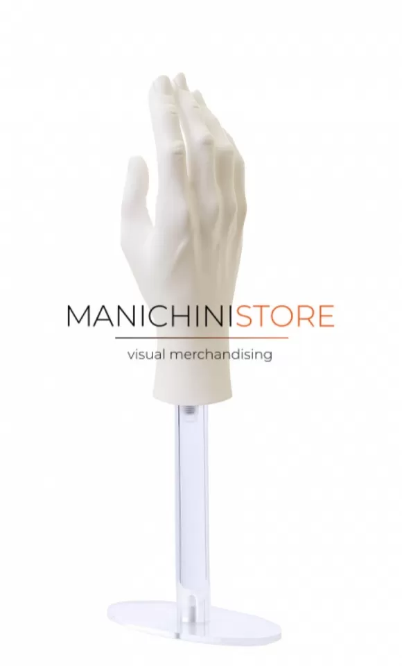 Mano uomo per guanti con base in plexiglass - bianca
