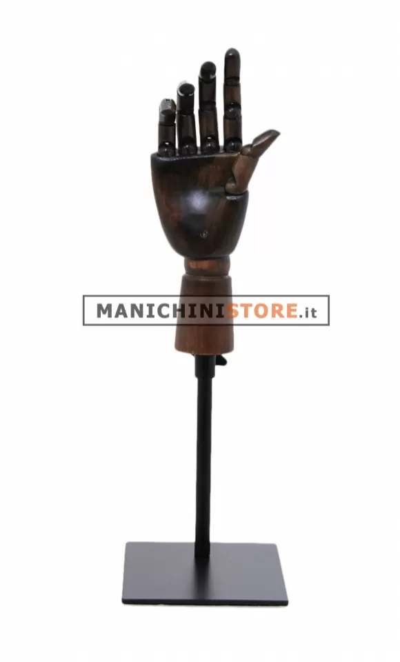 Mano da donna in legno scuro articolata con base