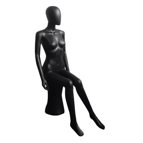 Manichino donna testa uovo in plastica nero opaco - seduto